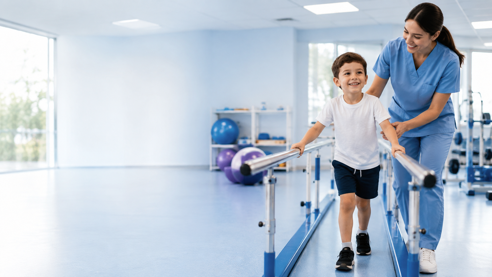 Child participating in physiotherapy with professional support