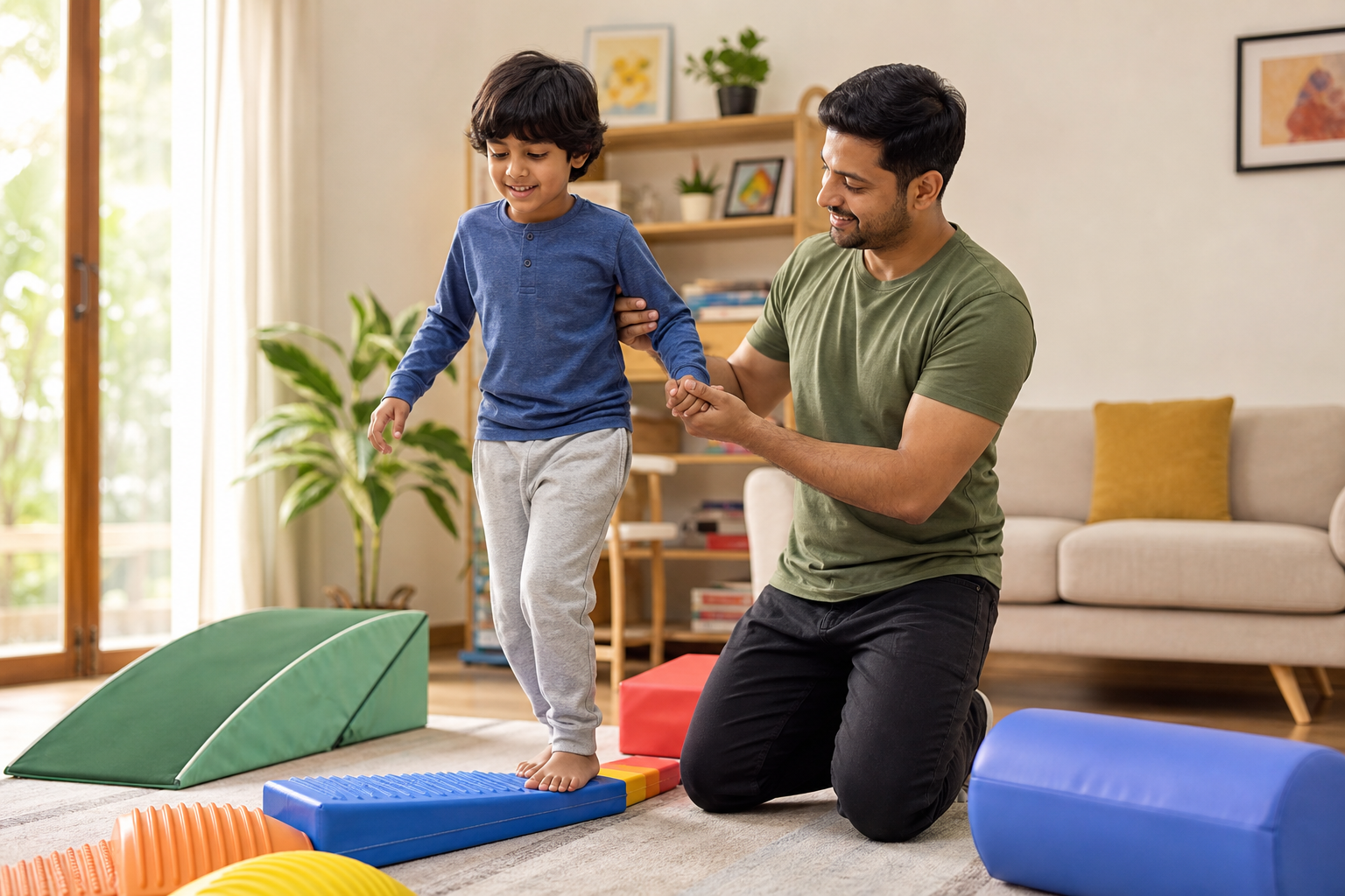 A father supporting a child with a balance activity at home
