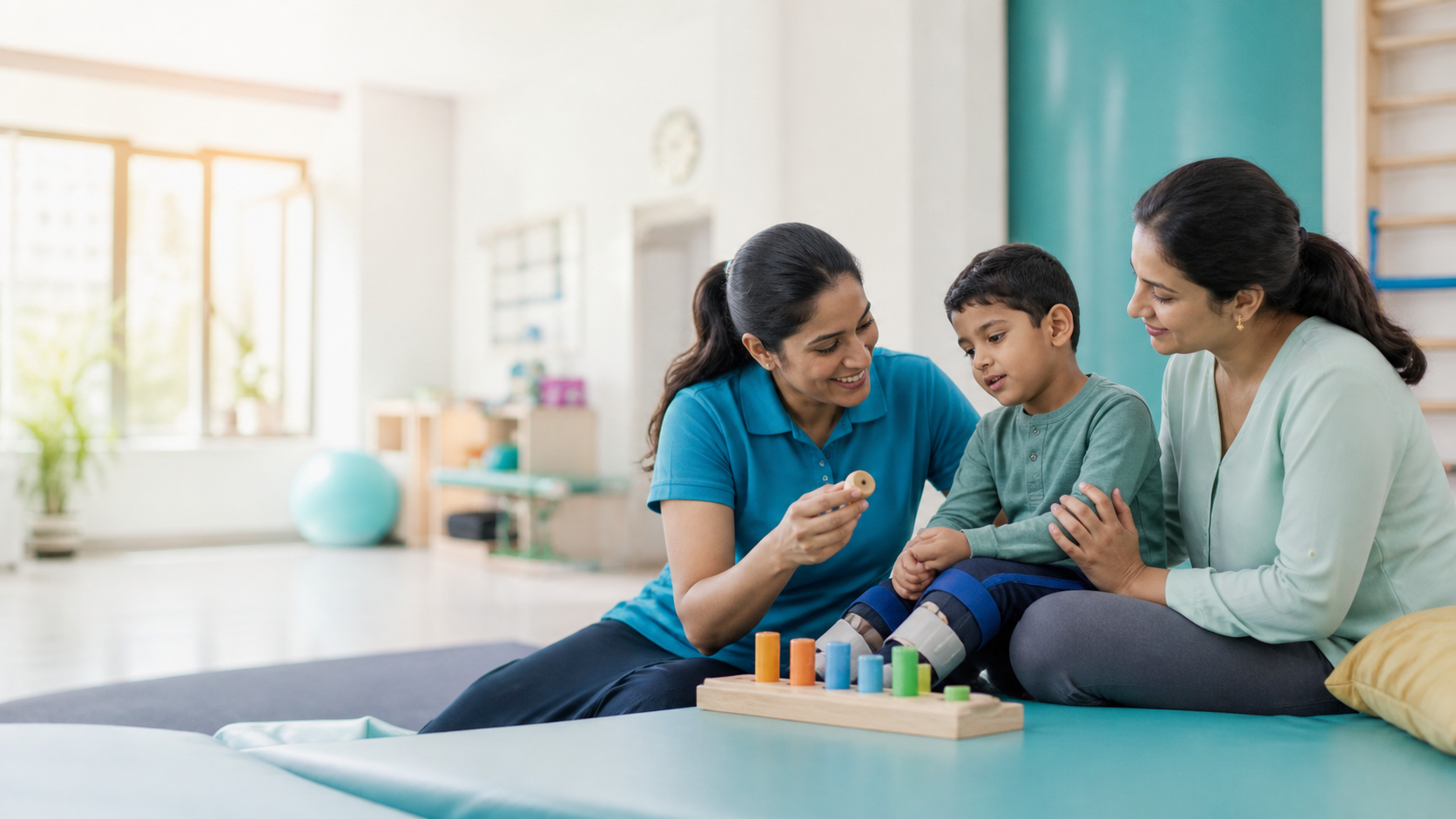 A family and therapist exploring supportive cerebral palsy resources together
